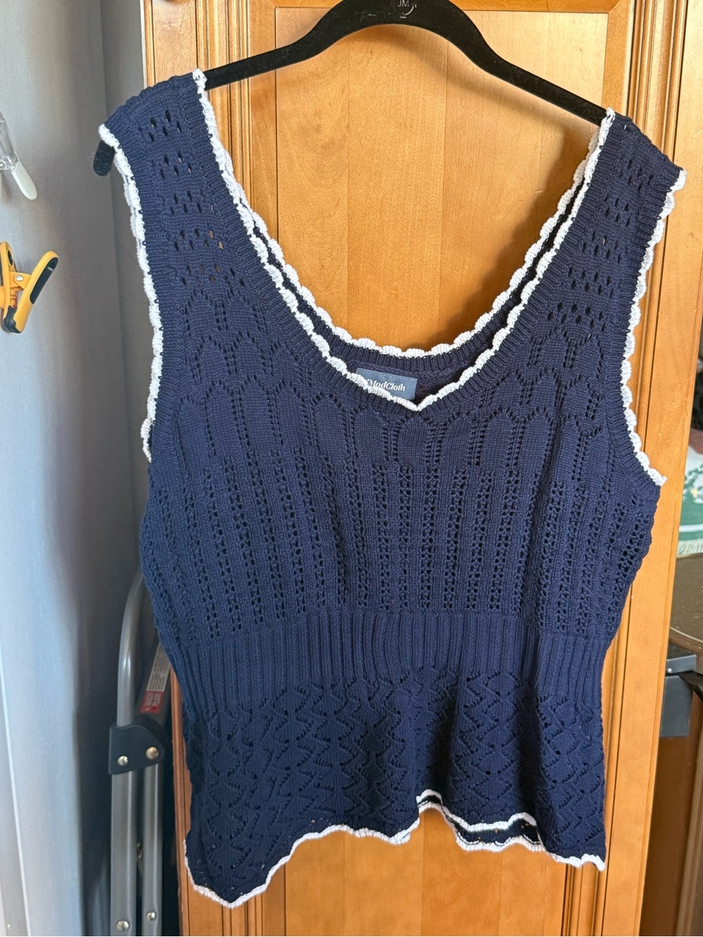 ModCloth Navy Crochet Knit Tank Top with White Trim